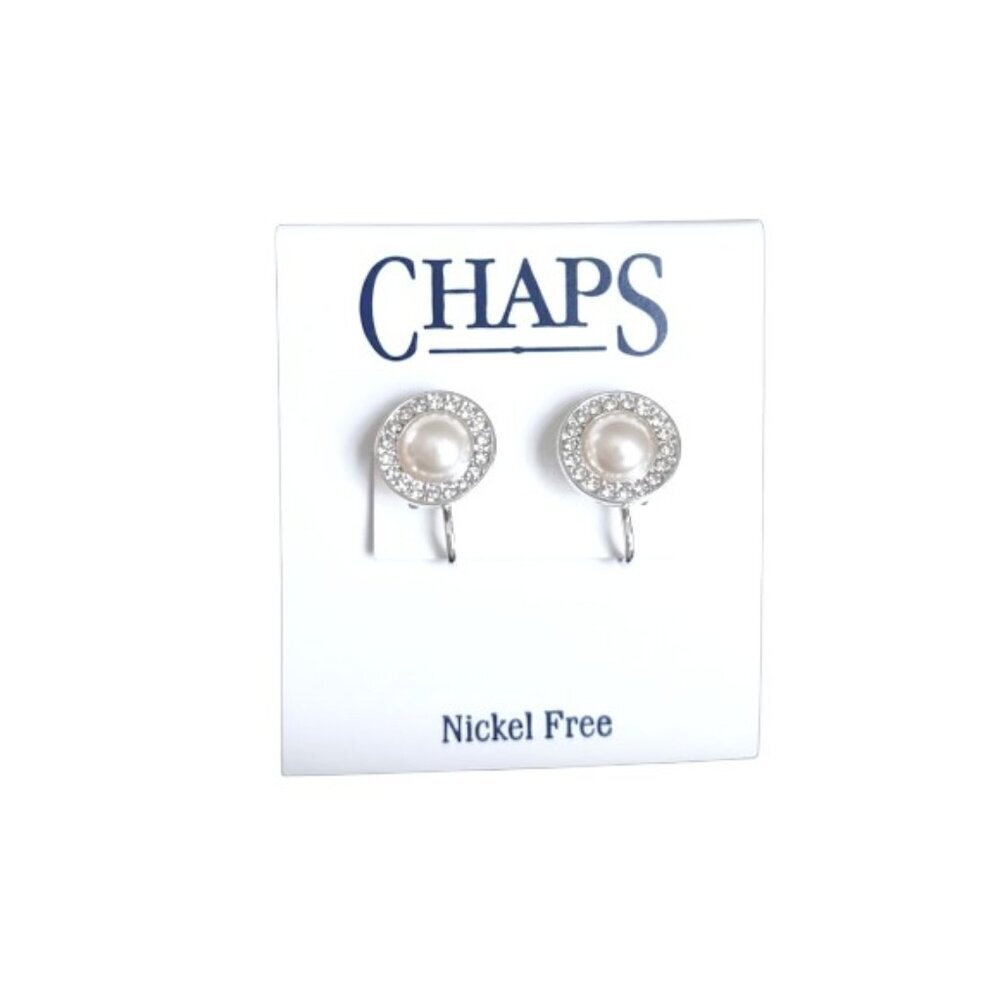 Chaps Silver Tone Pearl Clip Earrings with Small Rhinestones